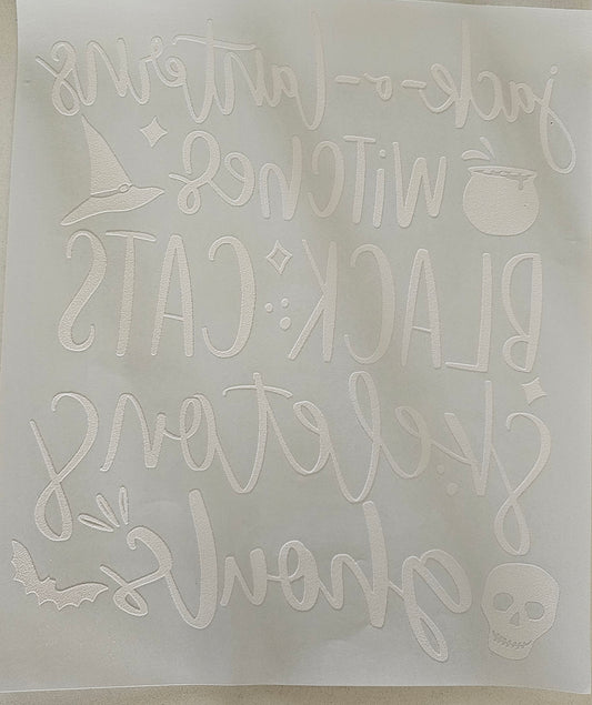 Jack-O-Lanterns Witches Black Cats Skeletons Gouls in White - Transfer