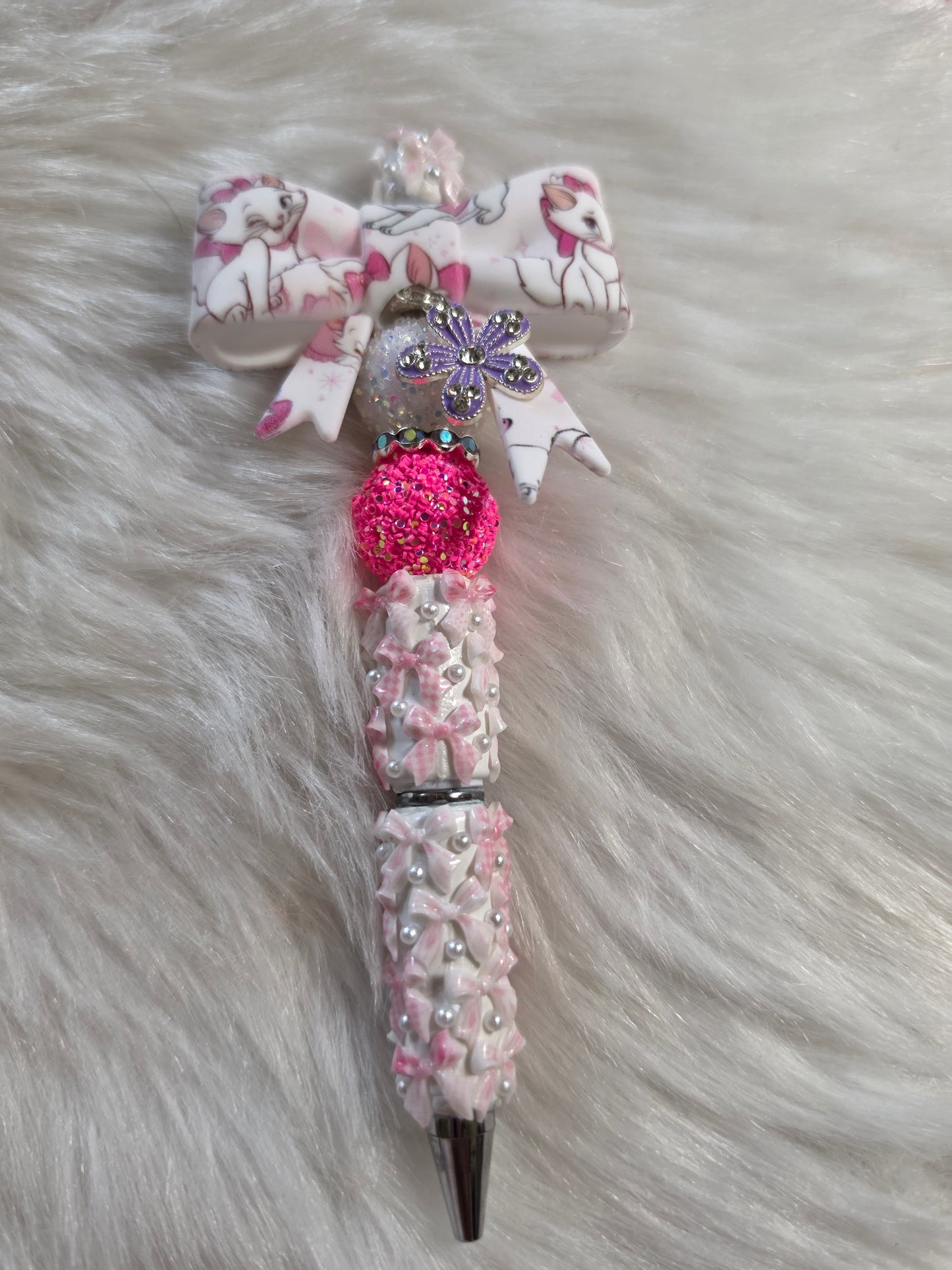 Ready to Ship - Marie White Cat Bow with Pink Bow Clay Pen