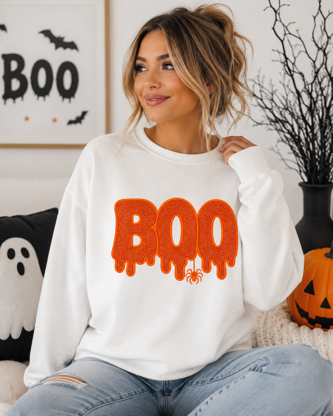 Boo Embroidered Orange Glitter Sweatshirt Large - Ready to Ship