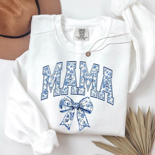 Mama Blue Floral with Bow - Transfer