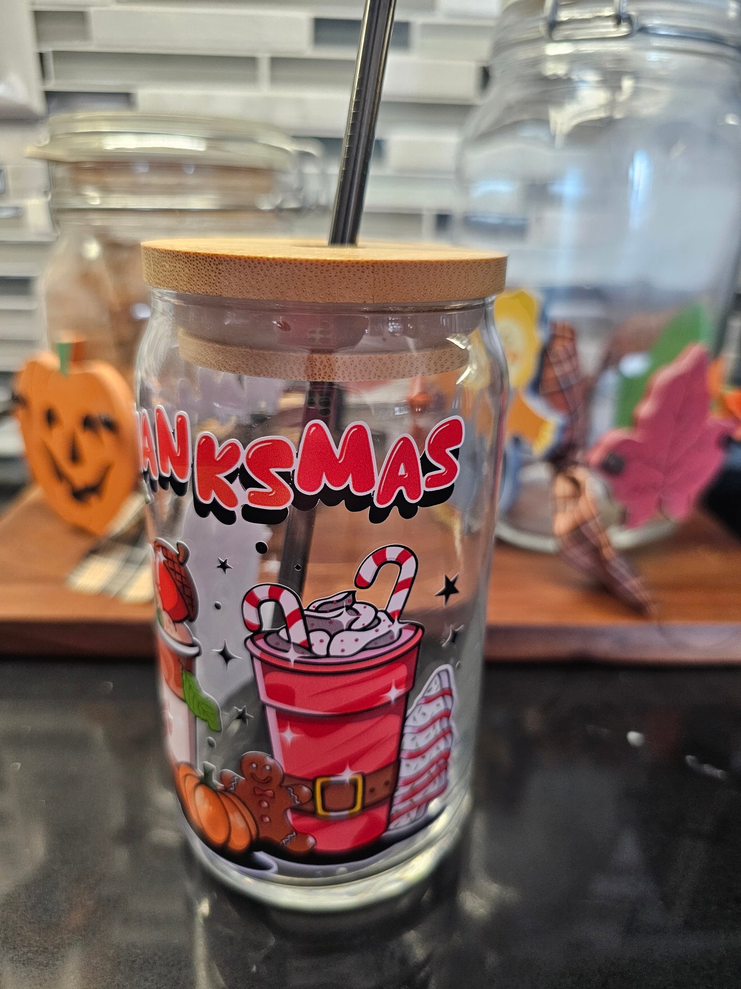 Ready to Ship MerryThanksMas 16 oz glass with bamboo lid and glass straw