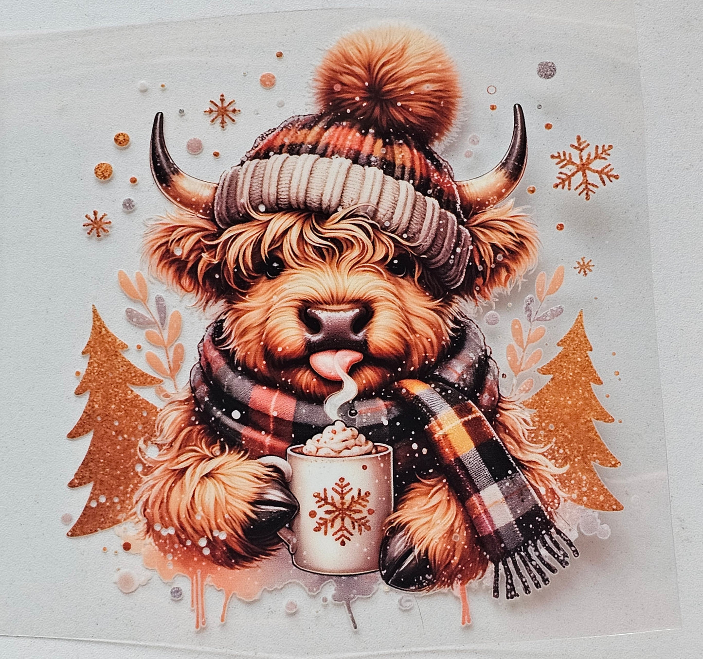 Highland Cow Stocking Cap with Coffee - 16 oz UV DTF Decal
