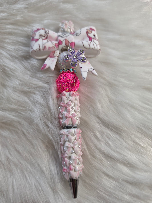 Ready to Ship - Marie White Cat Bow with Pink Bow Clay Pen