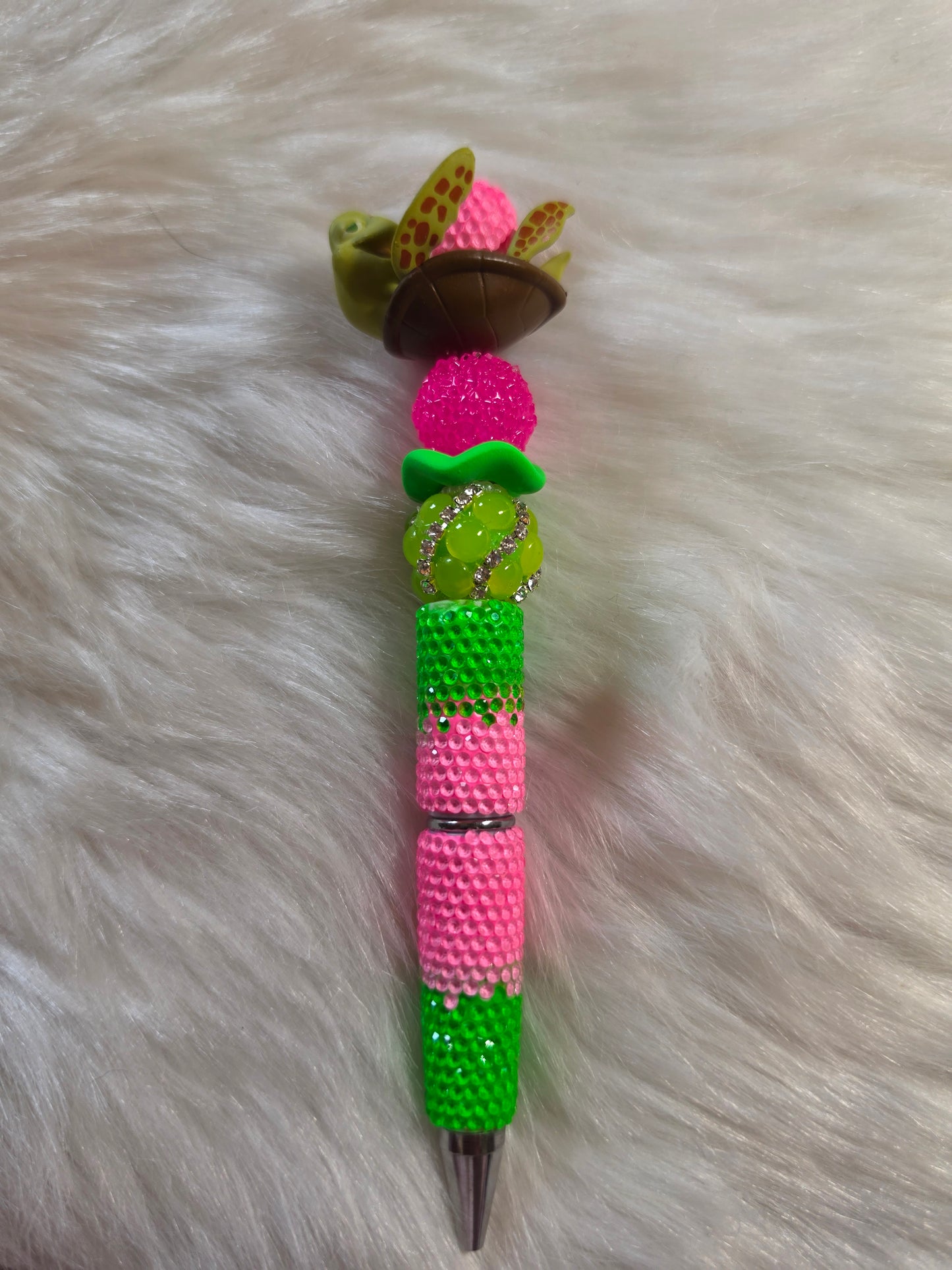 Ready to Ship - Turtle Pen Topper on Pink & Green Rhinestone Pen
