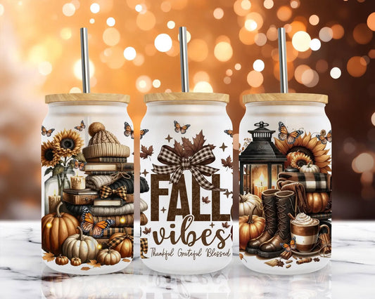 Fall Vibes Thankful Grateful Blessed - 16 oz UV DTF Wrap