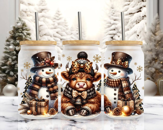 Highland Cow with Cheetah Bow and Snowmen - 16 oz UV DTF Wrap