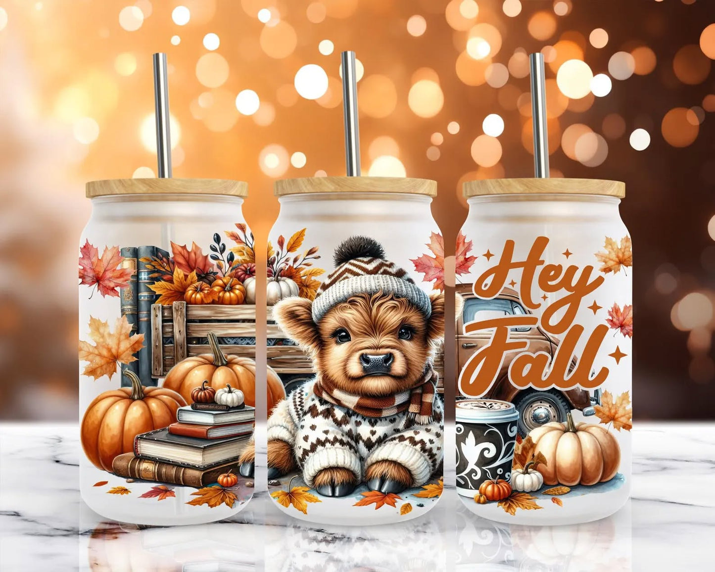 Hey Fall Highland Cow - 16 oz UV DTF Wrap