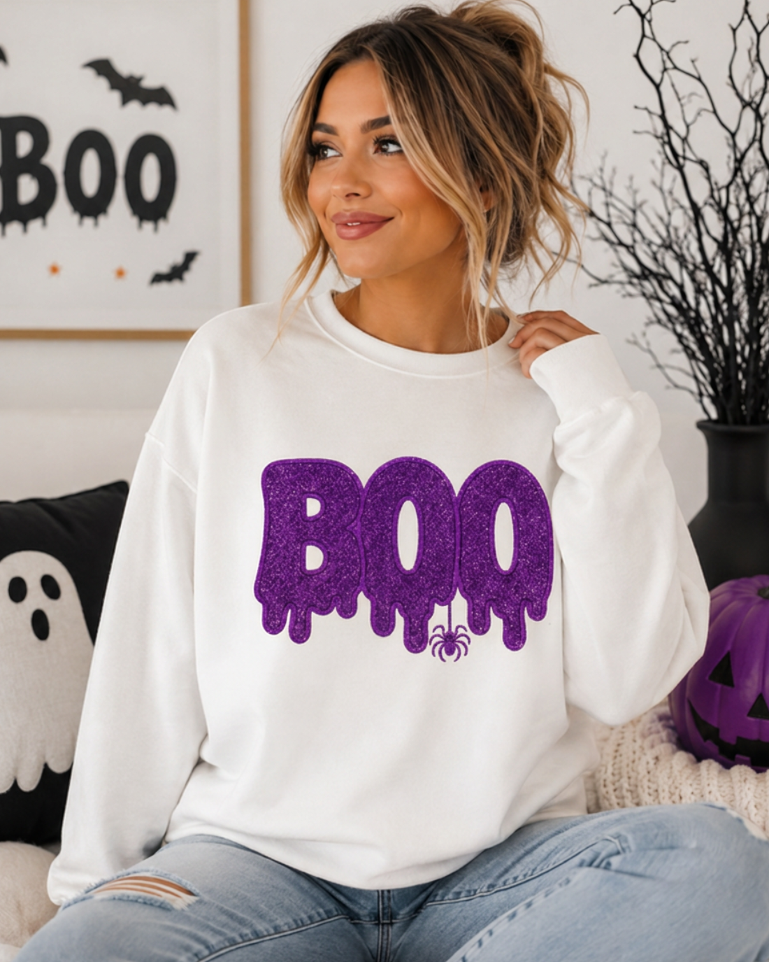 Boo Embroidered Purple Glitter Sweatshirt X-Large - Ready to Ship