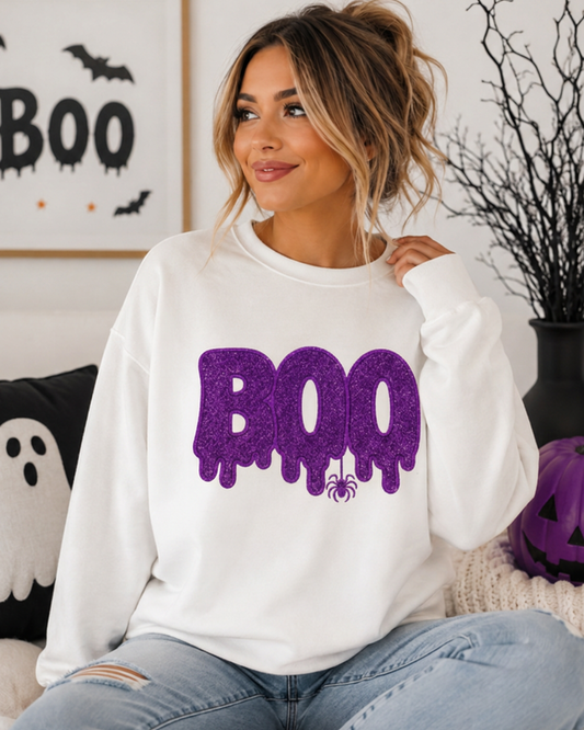 Boo Embroidered Purple Glitter Sweatshirt X-Large - Ready to Ship