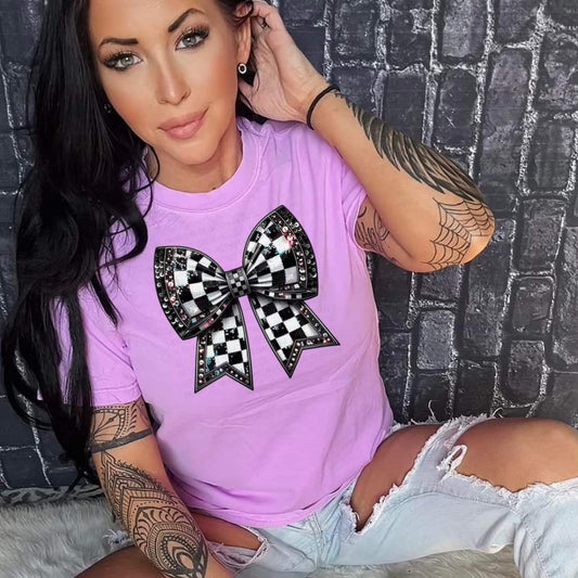 Black and White Checkered Bow - Transfer