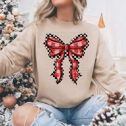 Red Bow Black and White Checkered - Transfer