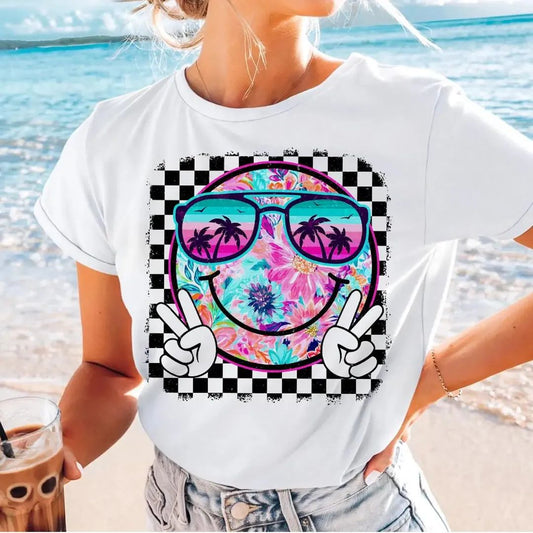 Bright Flower Check Peace Smiley - Transfer