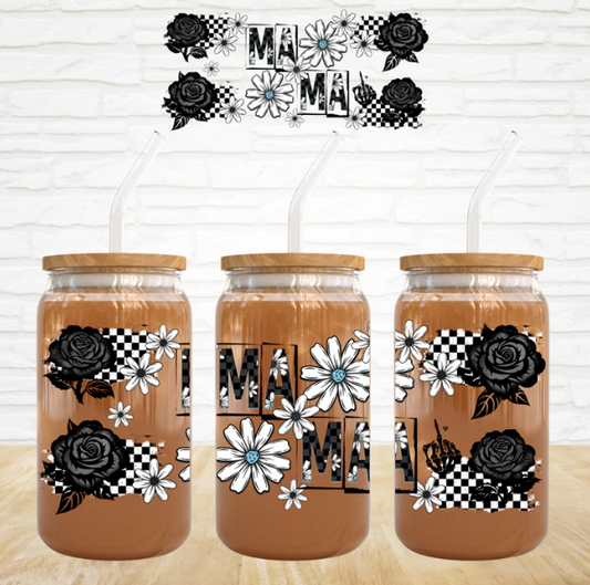 Mama Check Lightning Teal Roses - 16 oz UV DTF Wrap