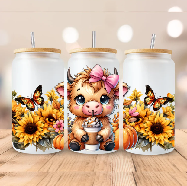 Cute Cow Sipping Coffee Pink Bow  - 16 oz UV DTF Wrap