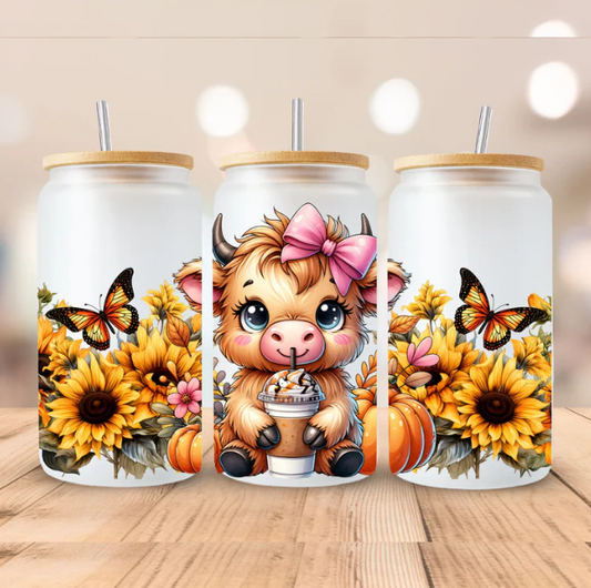 Cute Cow Sipping Coffee Pink Bow  - 16 oz UV DTF Wrap