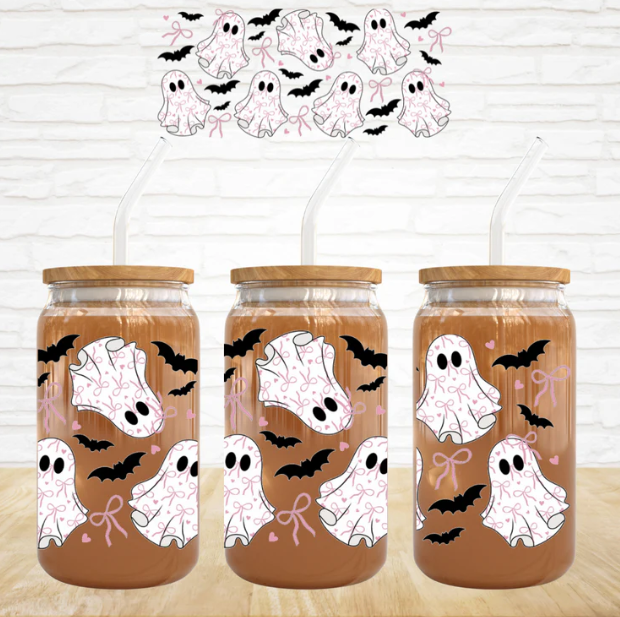 Ghosts with Pink Bows/Ribbons - 16 oz UV DTF Wrap