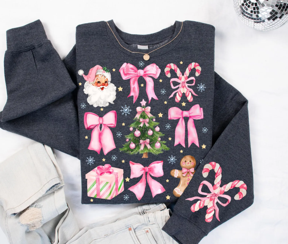 Pink Santas Bows Candy Canes - FREE SLEEVES! - Transfer