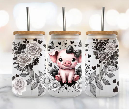 Cute Black Pig Floral - 16 oz UV DTF Wrap