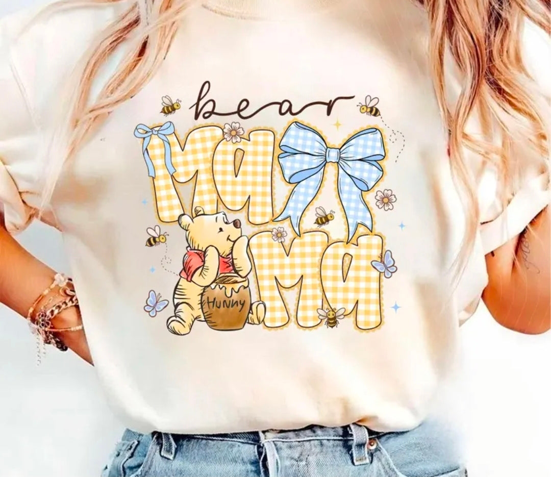 Mama Bear Blue Gingham Bow Pooh - Transfer